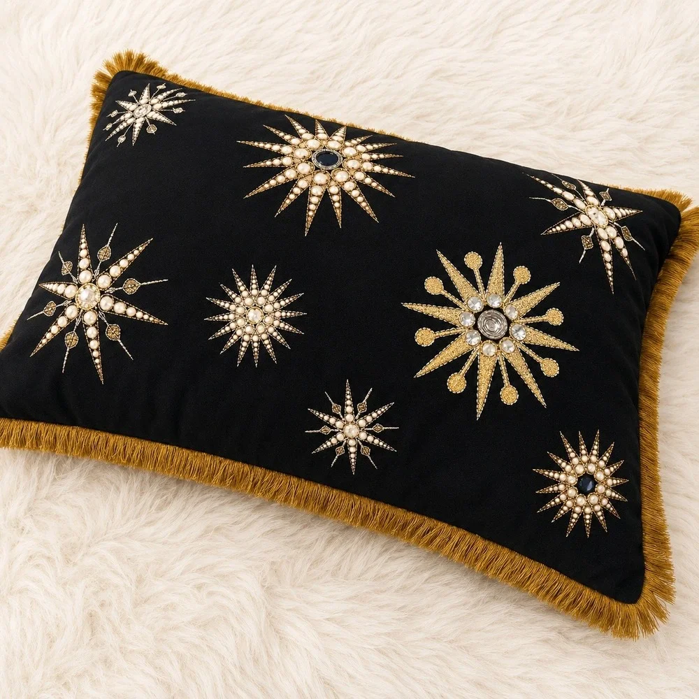 Catherine Martin Anthropologie Starry Night Black Beaded Velvet Lumbar Pillows 2